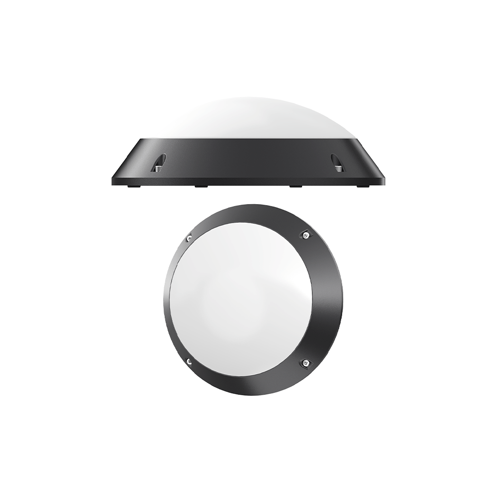 Round black metal light fixture with white glass cover on a white background