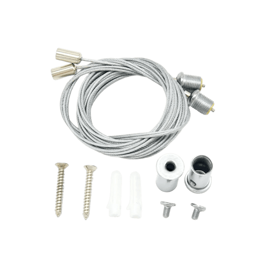 Coiled steel suspension cable kit with threaded fittings, screws and wall plugs