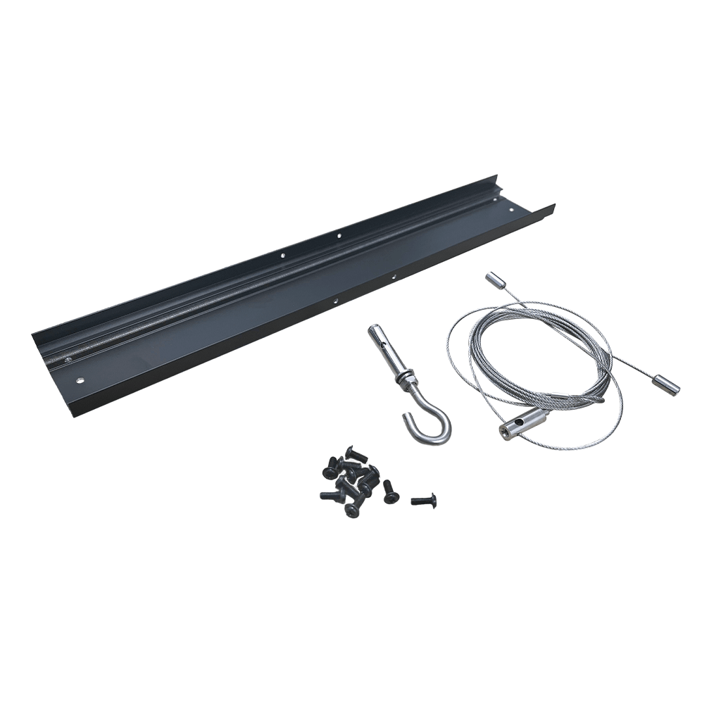Metal bracket with cables and screws on a white background
