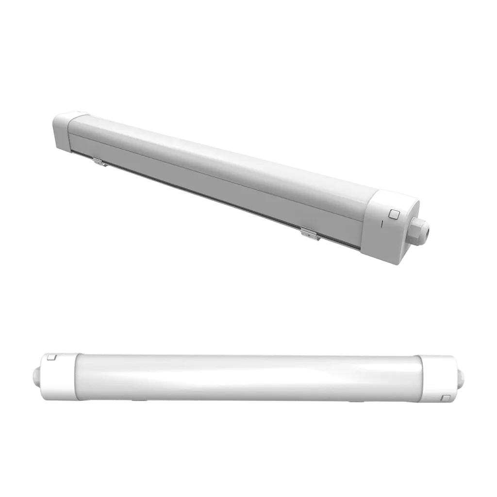 A white, linear light fixture with a smooth finish, featuring end caps and a central body, shown from two angles.