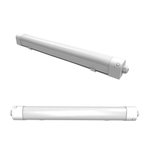 A white, linear light fixture with a smooth finish, featuring end caps and a central body, shown from two angles.