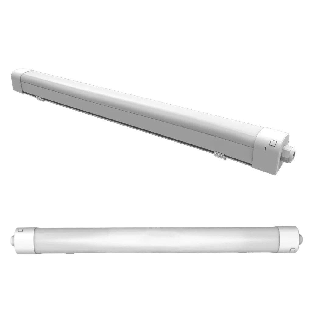 Two white linear lights are shown, one angled and one flat, with a smooth finish and rounded ends.