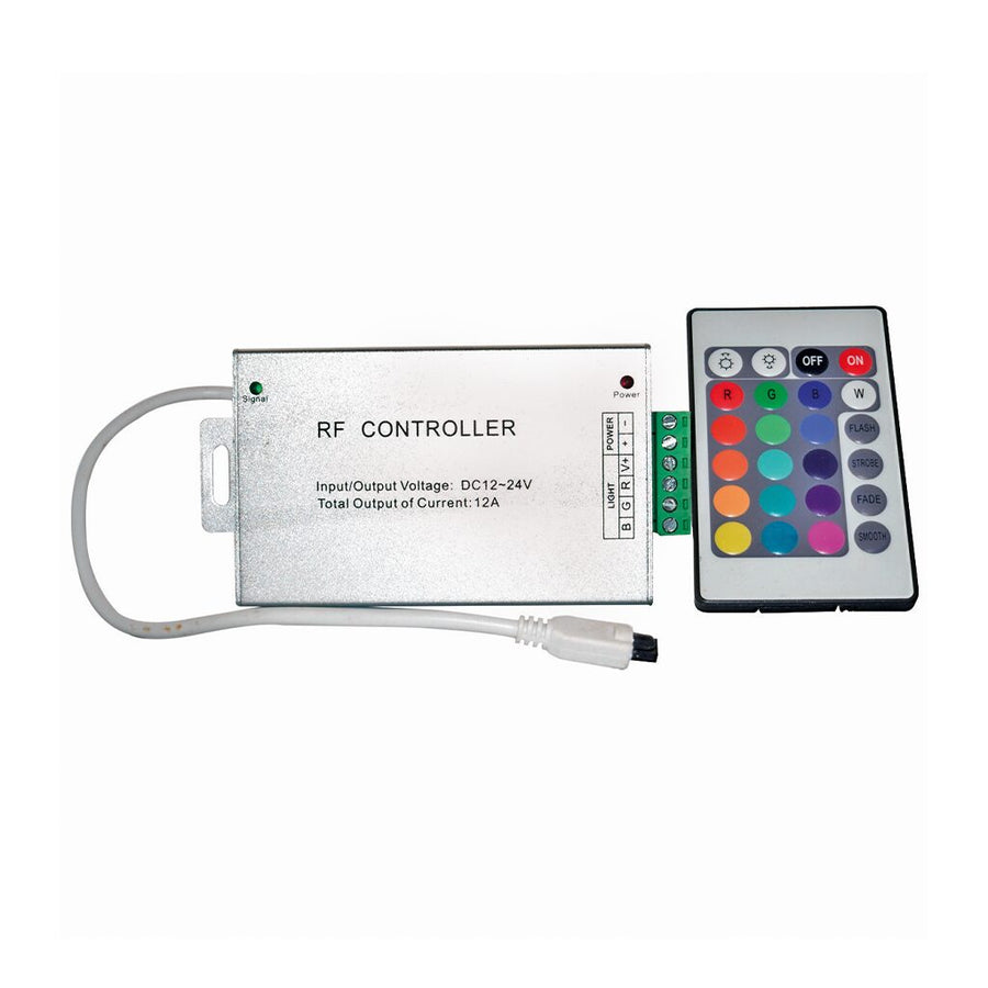 RGB Controller for LED strip lights with remote, showing input/output details and color buttons.