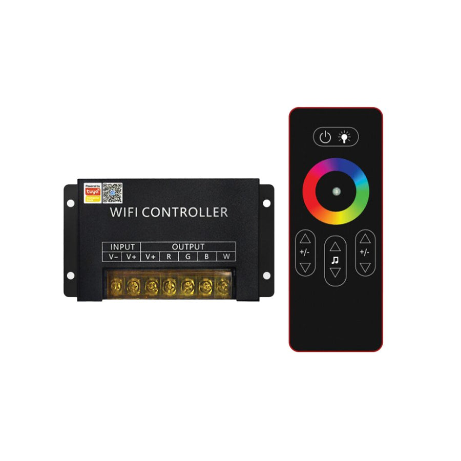 RGB WiFi Smart Controller with Remote, featuring input/output terminals and a color control remote.