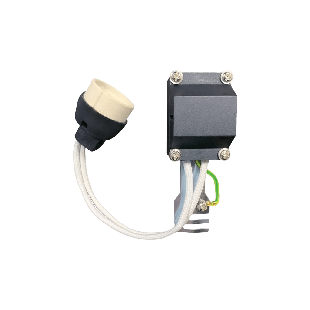 GU10 lamp holder with a white socket, black base, and attached wires, featuring a matte finish and metal screws.