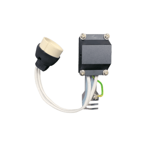 GU10 lamp holder with a white socket, black base, and attached wires, featuring a matte finish and metal screws.
