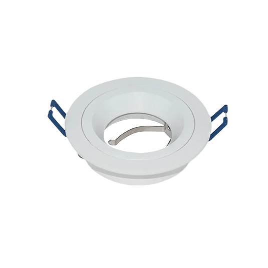 White recessed downlight fixture with a circular opening and mounting clips