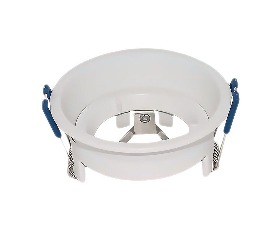White recessed ceiling light with blue clips on a white background