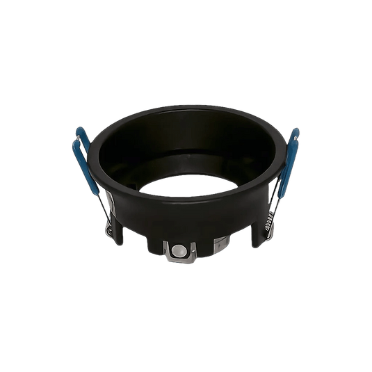 Black recessed downlight fixture with a circular opening and mounting clips