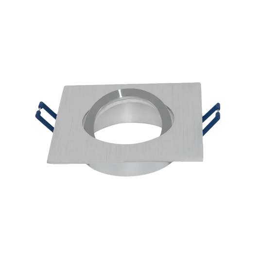 Black round downlight trim with a recessed circular opening and blue spring clips
