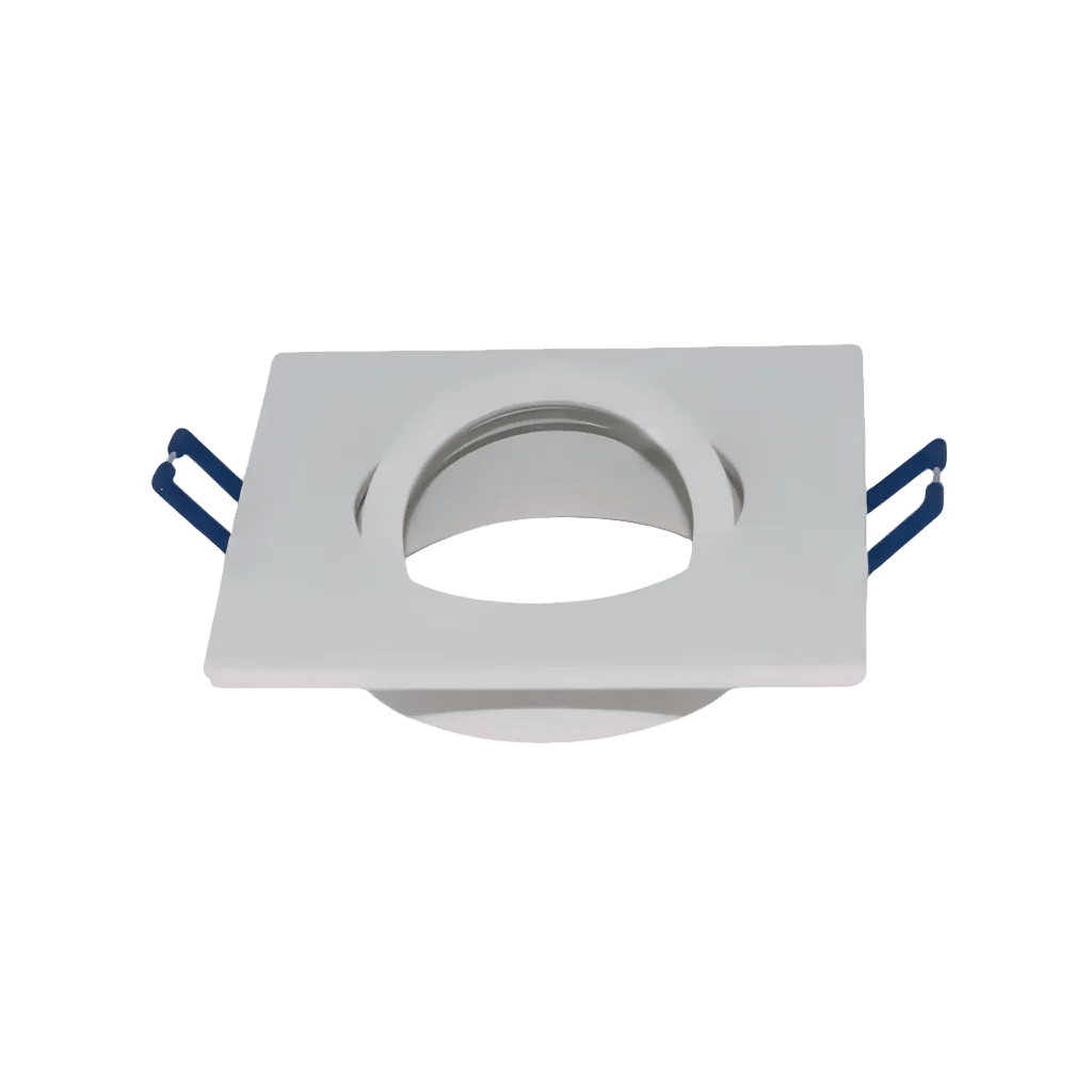 White square recessed downlight trim with a circular opening and blue side retaining clips