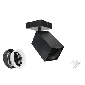Square matt black GU10 surface mount spotlight with removable honeycomb and installation hardware.