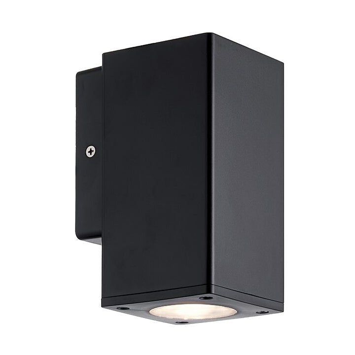 Black outdoor wall light fixture on a white background