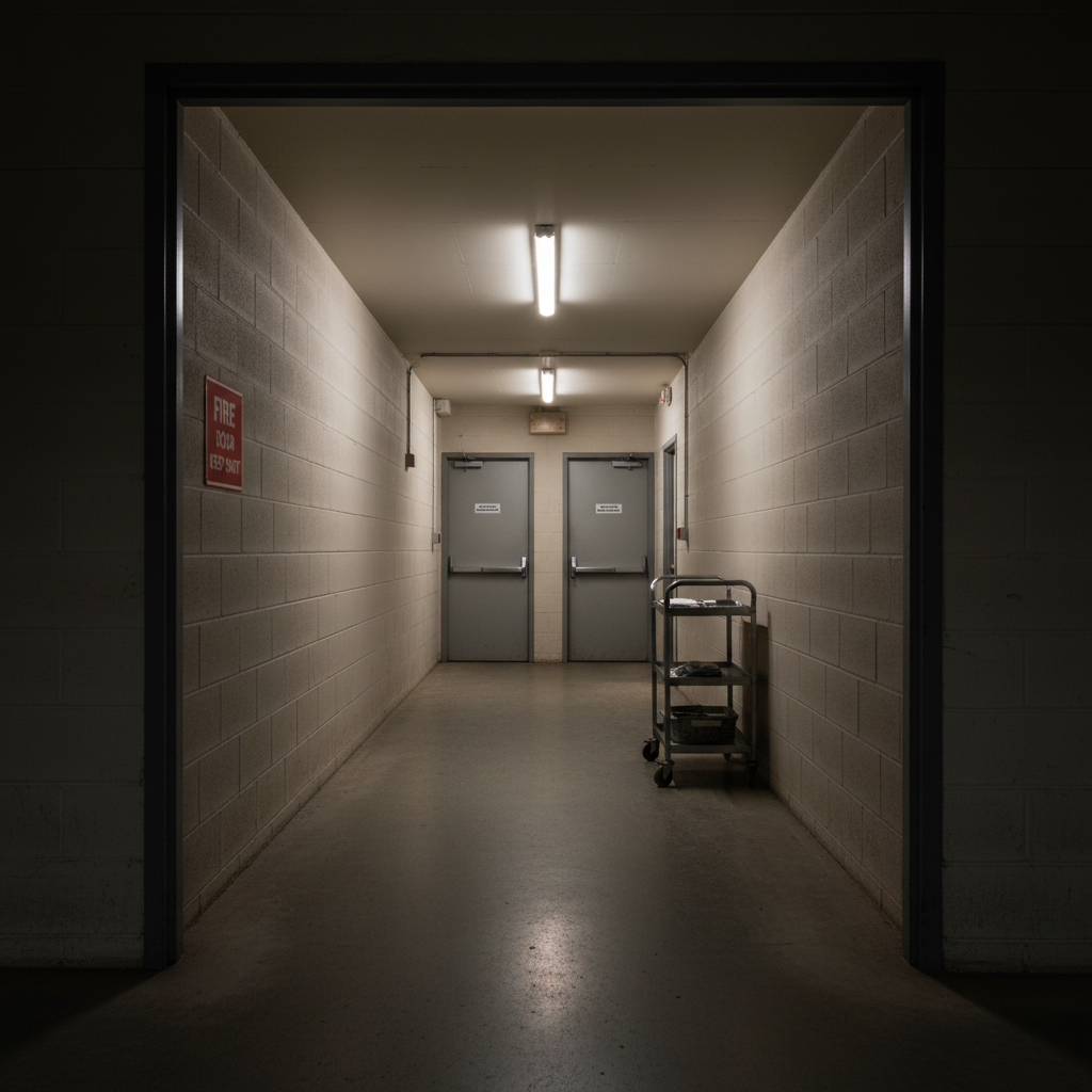 A well-lit hallway featuring a dual T8 tube fixture, with two doors and a cart in the scene.