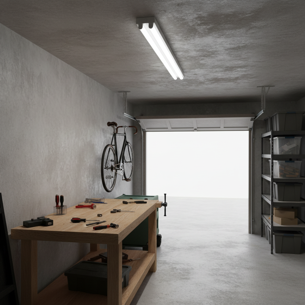 4ft dual T8 tube fixture installed in a garage, illuminating a workbench with tools and a bicycle on the wall.