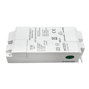 White rectangular LED track dimming driver on green background, showing printed specs and 'Flicker Free' label.
