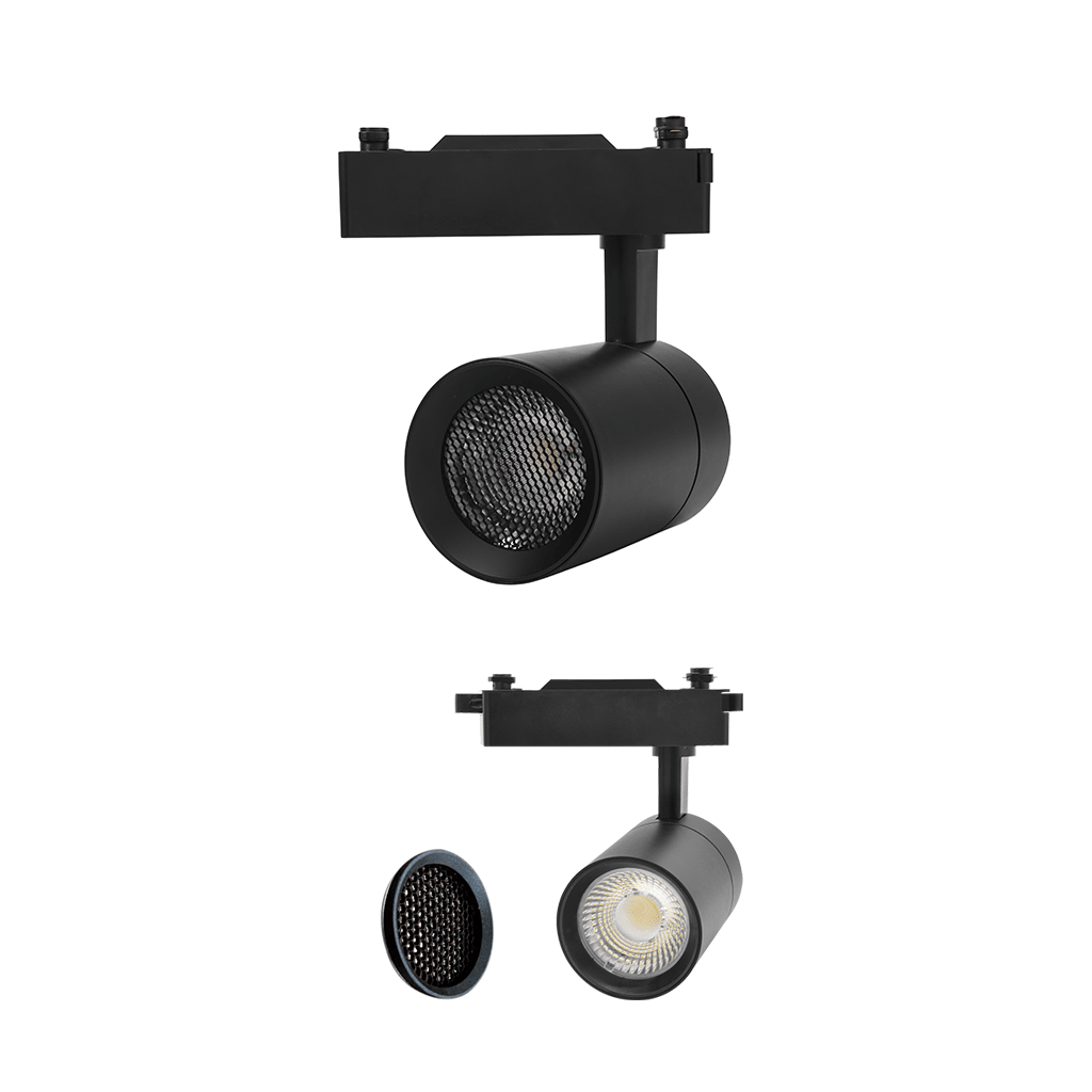 Black 35W CCT Bazuka 3-wire track spot light with honeycomb lens, showcasing adjustable head and sleek design.