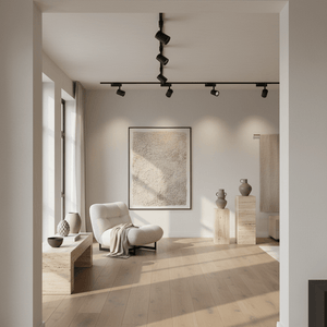 Black 3‑wire track with adjustable spotlights mounted on ceiling in modern living room