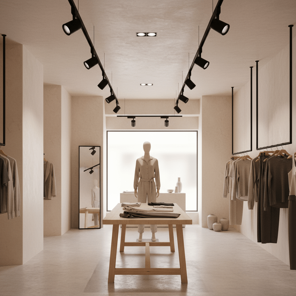 Minimalist boutique interior with black track lighting, wooden table, mannequin, mirror, and clothing racks.