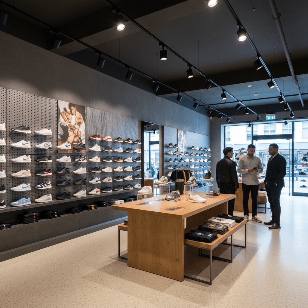 Shoe store interior showing pegboard sneaker display, wooden table with shoes, three men, ceiling track lights