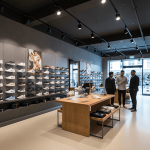 Shoe store interior showing pegboard sneaker display, wooden table with shoes, three men, ceiling track lights