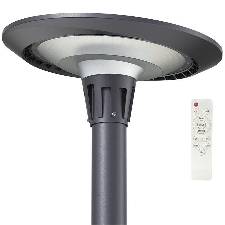 Vista RGB+3CCT Solar Post Top Light with remote control, showcasing sleek design and modern features.