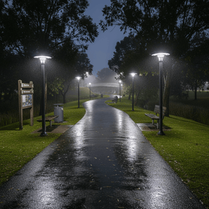 A winding pathway illuminated by solar post top lights, surrounded by greenery and benches, creating a serene outdoor
