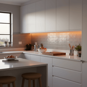Modern kitchen with under-cabinet RGB LED strip lighting illuminating a tiled backsplash, enhancing the countertop area.