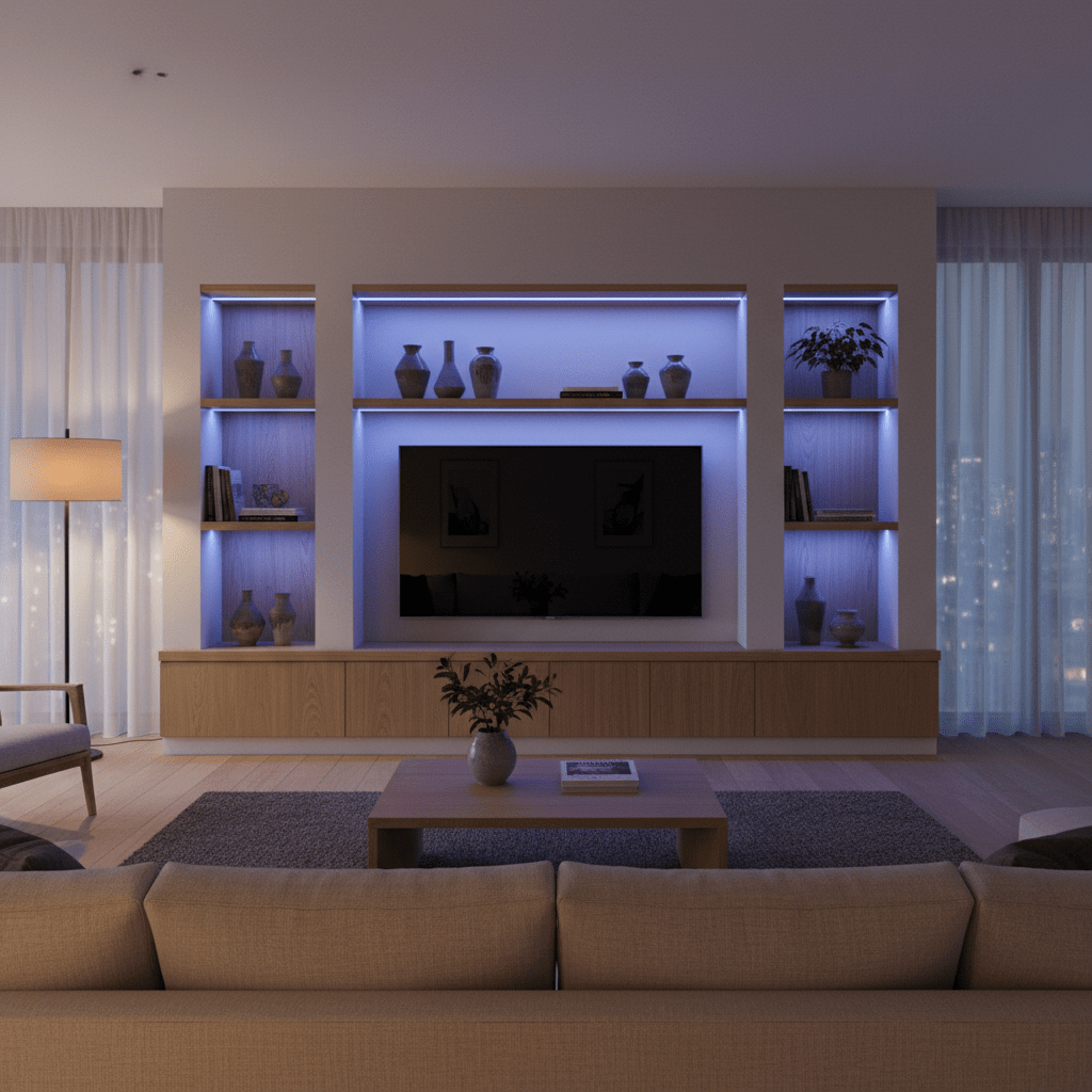 Living room with RGB LED strip lighting highlighting shelves and TV unit, creating a soft ambient glow.