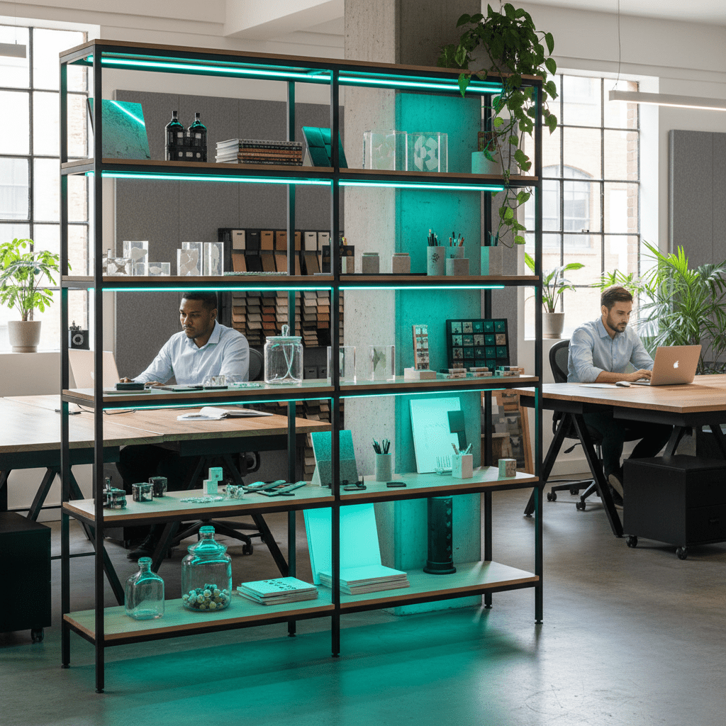 Office setting with RGB LED strip lights illuminating a shelving unit, highlighting decorative items and creating ambient