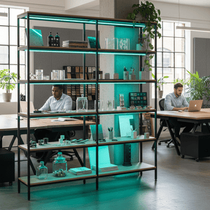 Office setting with RGB LED strip lights illuminating a shelving unit, highlighting decorative items and creating ambient