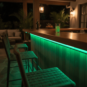 Outdoor bar area with green LED strip lighting under the counter, wicker bar stools, and ambient lantern lighting.