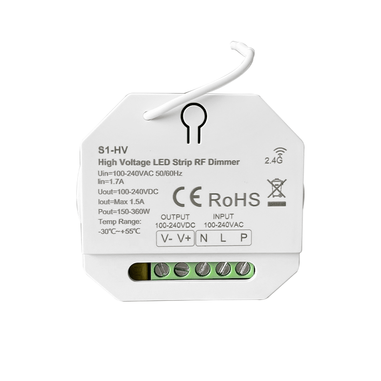 DYCE 230V Dimmer Module for LED strip lights, featuring connection terminals and RF control capability.