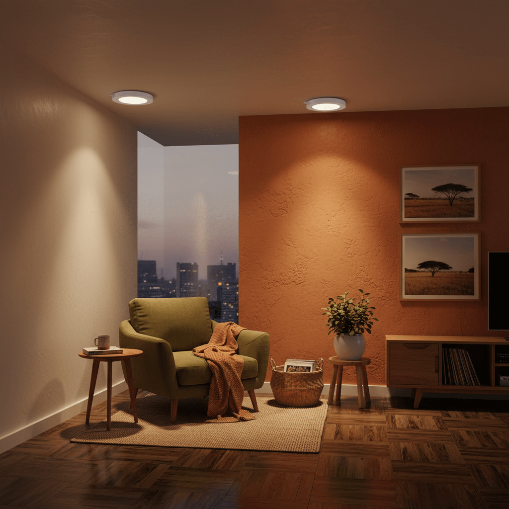 Cozy living space featuring an ultra-slim LED ceiling light above a green armchair with a throw blanket.