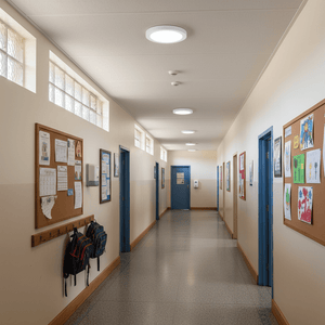 A corridor featuring multiple Iris 12W LED Round Ceiling Lights, with bulletin boards and backpacks visible.