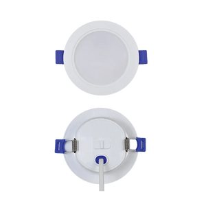 Top and bottom views of a round, white recessed panel light with blue clips and a white cable.