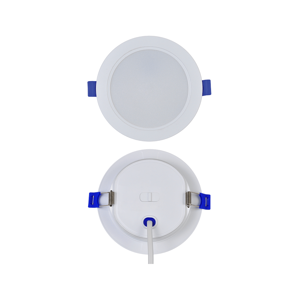 Two round LED downlights with blue accents on a white background