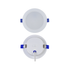 Two round LED downlights with blue accents on a white background