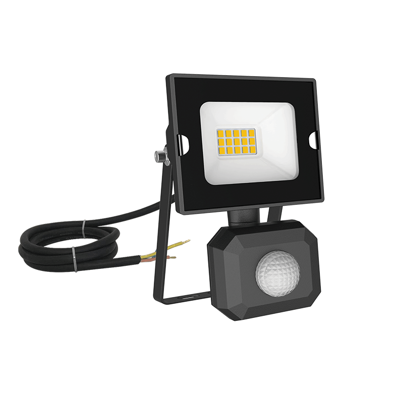 Black LED flood light with motion sensor on a white background