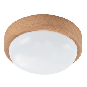 Modern flush-mount LED ceiling light with a dark wood finish and white diffuser
