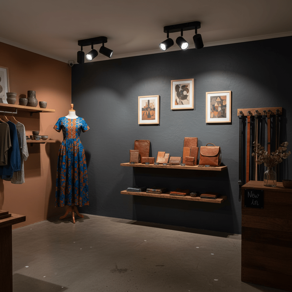 Three adjustable black spotlights illuminate a retail space showcasing clothing and leather goods.