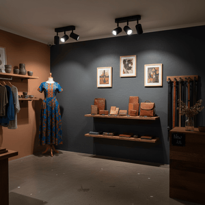 Three adjustable black spotlights illuminate a retail space showcasing clothing and leather goods.