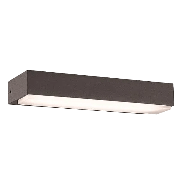 A rectangular, dark brown outdoor wall light with a white, down-facing LED panel.