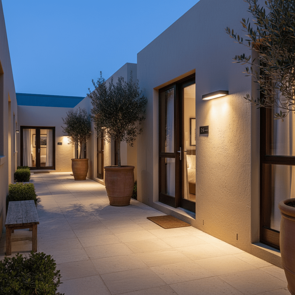 A down-facing outdoor wall light mounted on a beige wall, illuminating a stone pathway lined with potted olive trees.