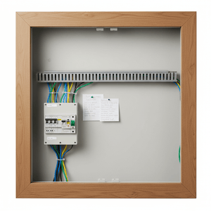 A wooden-framed electrical panel enclosure with installed cable trunking, a main circuit breaker box, and multicolored wiring on a light gray backplate.