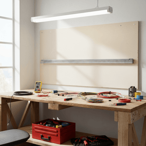 A white linear LED light fixture hanging from a ceiling in a workshop setting, illuminating a wooden workbench cluttered with electronic components, wires, and tools against a light beige wall.