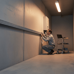 A male technician in a gray uniform crouches beside a wall-mounted electrical panel in a concrete utility room, using a tool with a cable. A laptop sits on a rolling cart nearby under an linear LED light.