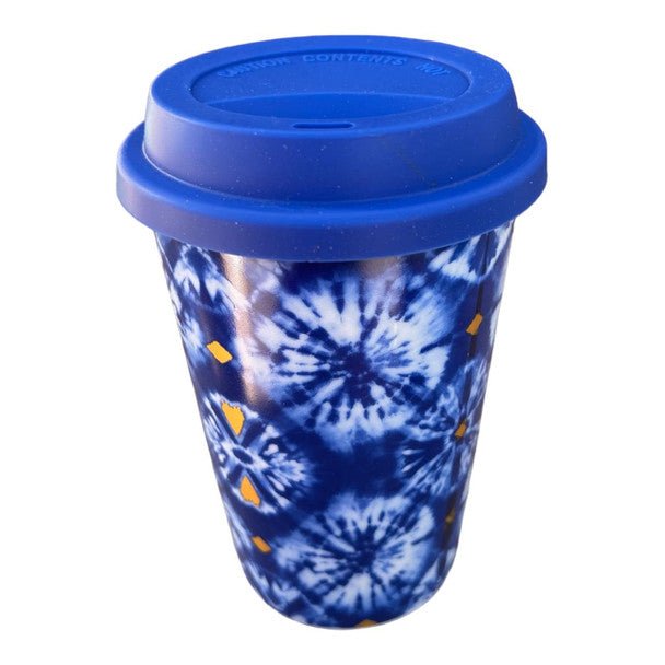 Blue Tiedye Gold Accent Ceramic Travel Mug