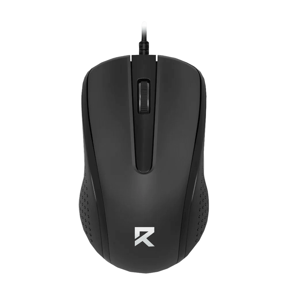 A top view of a black wired optical mouse with a textured grip and a scroll wheel, featuring a silver logo.