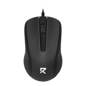 A top view of a black wired optical mouse with a textured grip and a scroll wheel, featuring a silver logo.